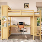Bellemave Wood Loft Bed with Cabinet and Bookshelf, Queen Size Loft with Wardrobe and Desk for Kids,Natural