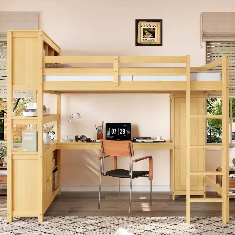 Bellemave Wood Loft Bed with Cabinet and Bookshelf, Queen Size Loft with Wardrobe and Desk for Kids,Natural