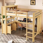 Bellemave Wood Loft Bed with Cabinet and Bookshelf, Queen Size Loft with Wardrobe and Desk for Kids,Natural