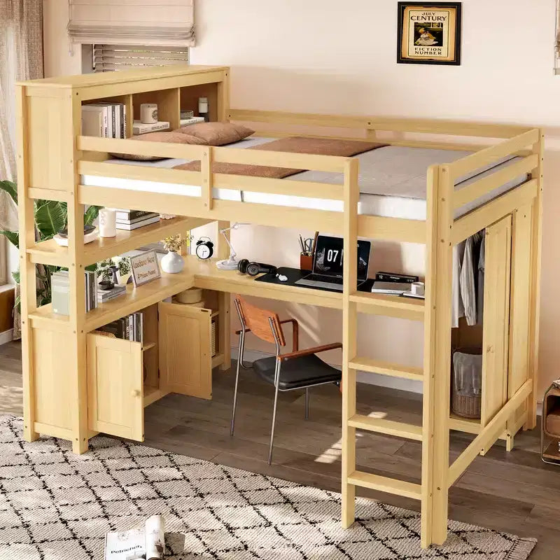 Bellemave Wood Loft Bed with Cabinet and Bookshelf, Queen Size Loft with Wardrobe and Desk for Kids,Natural