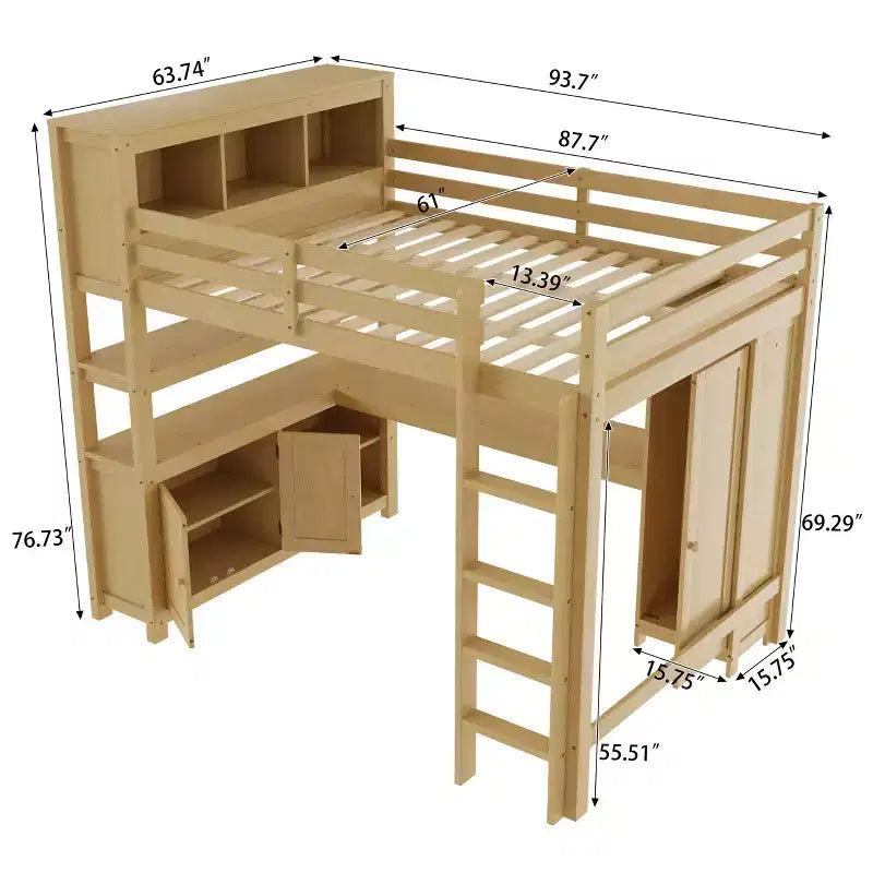 Bellemave Wood Loft Bed with Cabinet and Bookshelf, Queen Size Loft with Wardrobe and Desk for Kids,Natural