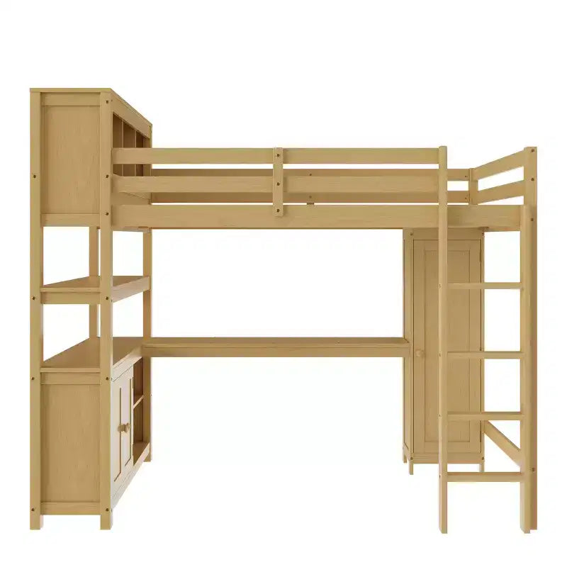 Bellemave Wood Loft Bed with Cabinet and Bookshelf, Queen Size Loft with Wardrobe and Desk for Kids,Natural