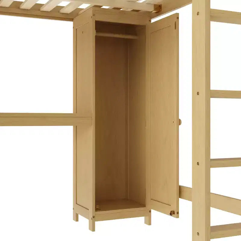 Bellemave Wood Loft Bed with Cabinet and Bookshelf, Queen Size Loft with Wardrobe and Desk for Kids,Natural