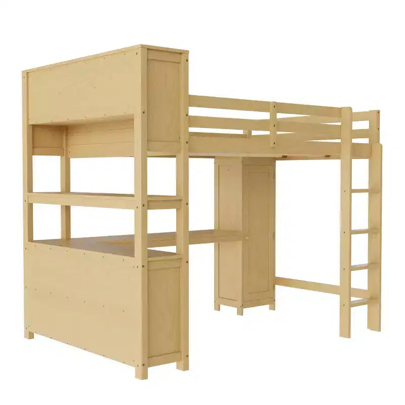 Bellemave Wood Loft Bed with Cabinet and Bookshelf, Queen Size Loft with Wardrobe and Desk for Kids,Natural