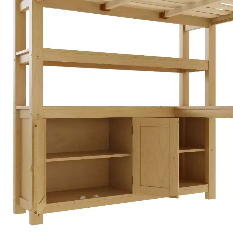 Bellemave Wood Loft Bed with Cabinet and Bookshelf, Queen Size Loft with Wardrobe and Desk for Kids,Natural