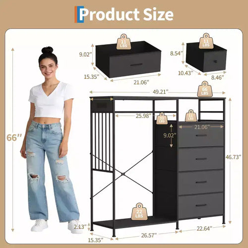 49.2 w Dresser with Hanging Rack & Lights, 6-Drawer Closet Organizer with Charging Station
