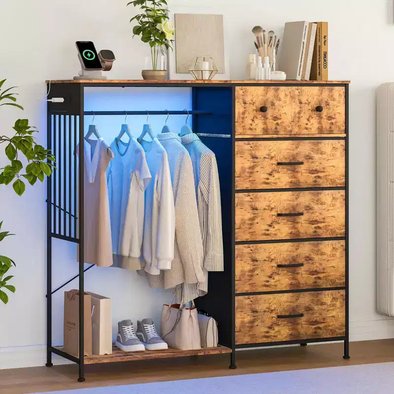 49.2 w Dresser with Hanging Rack & Lights, 6-Drawer Closet Organizer with Charging Station
