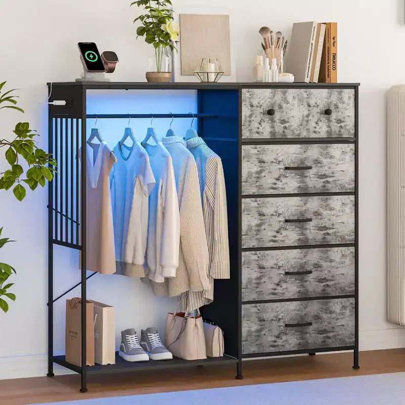 49.2 w Dresser with Hanging Rack & Lights, 6-Drawer Closet Organizer with Charging Station