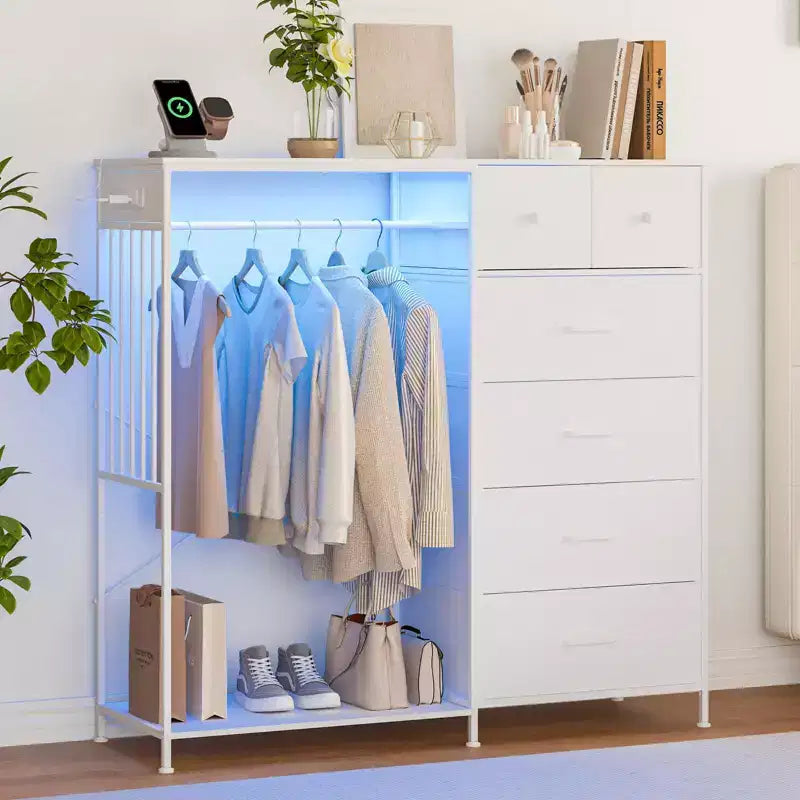 49.2 w Dresser with Hanging Rack & Lights, 6-Drawer Closet Organizer with Charging Station