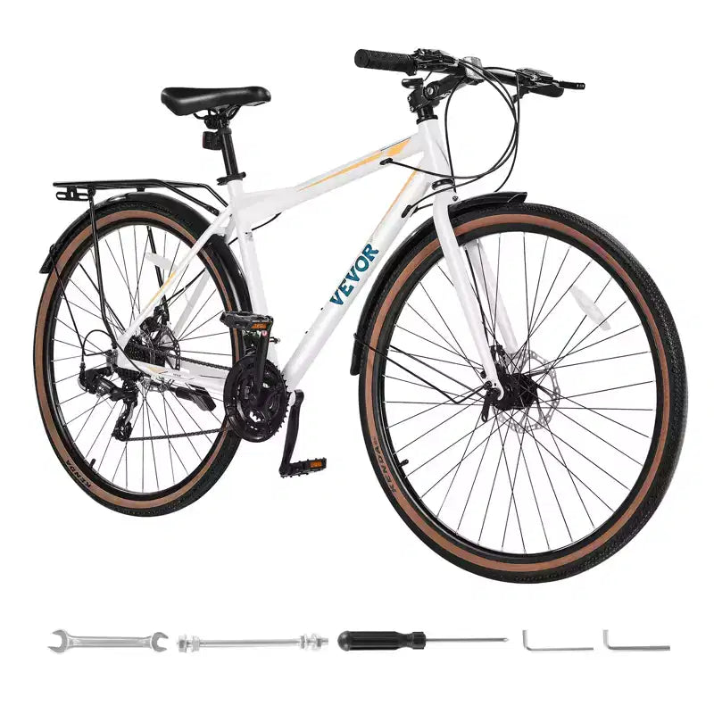 VEVOR Hybrid Bike, Lightweight Aluminum Frame Bike, 700c Wheel Men Women Hybrid Bicycle, Step-Over Adult Urban City Commuter Bikes, White