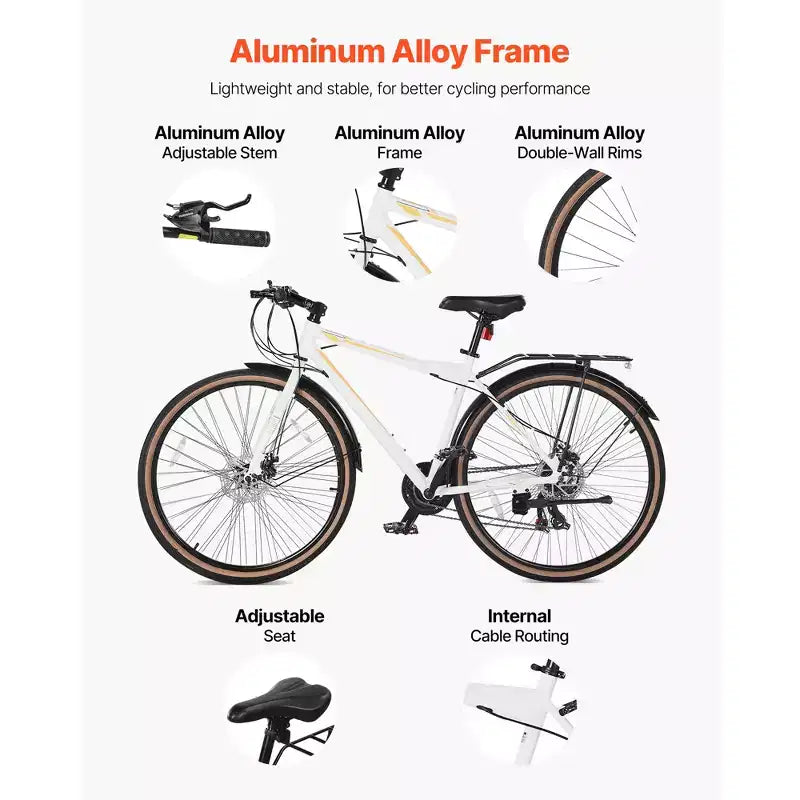 VEVOR Bici Ibrida, Bici Leggera con Telaio in Alluminio, Bici Ibrida da Uomo Donna con Ruote da 700c, Bici da Città Urbana per Adulti con Telaio Standard, Bianco