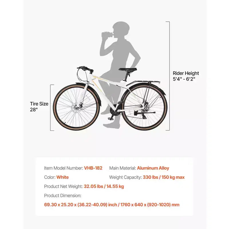 VEVOR Bici Ibrida, Bici Leggera con Telaio in Alluminio, Bici Ibrida da Uomo Donna con Ruote da 700c, Bici da Città Urbana per Adulti con Telaio Standard, Bianco