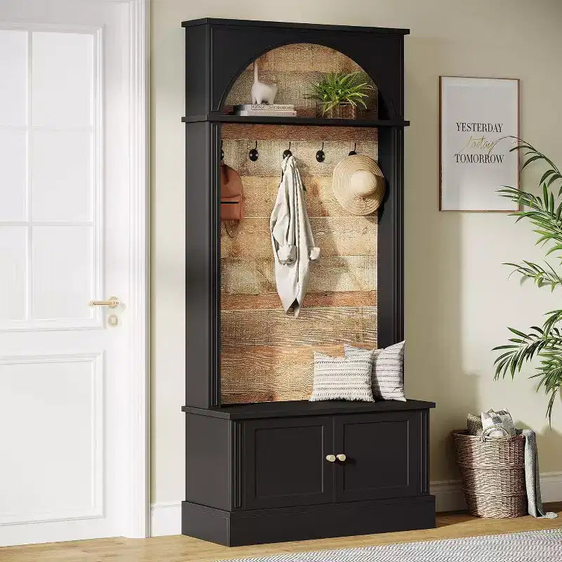 Lantine - Armadio da ingresso con panca contenitore, 180 cm, design 4-in-1, con appendiabiti e 5 ganci per ingresso, corridoio, nero e marrone