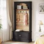 Lantine - Armadio da ingresso con panca contenitore, 180 cm, design 4-in-1, con appendiabiti e 5 ganci per ingresso, corridoio, nero e marrone