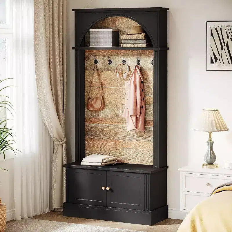 Lantine - Armadio da ingresso con panca contenitore, 180 cm, design 4-in-1, con appendiabiti e 5 ganci per ingresso, corridoio, nero e marrone