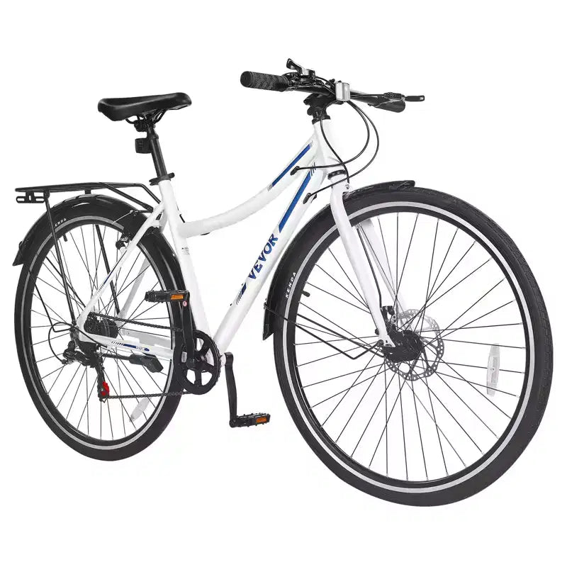 VEVOR Hybrid Bike, Lightweight Aluminum Frame Bike, 700c Wheel Men and Women Hybrid Bicycle, Step-Through Adult Urban City Commuter Bikes, White