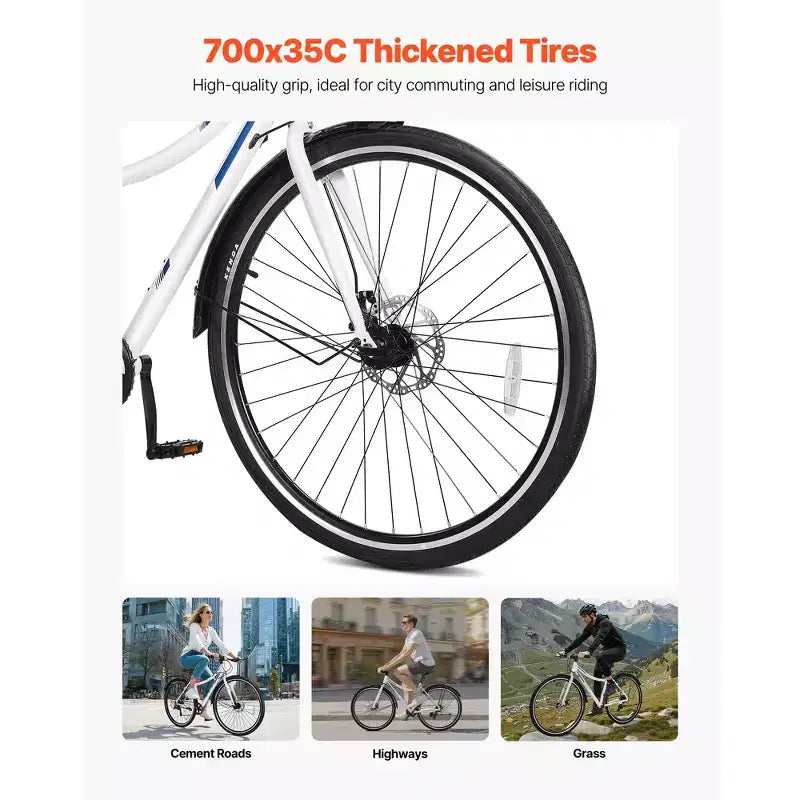 Bici Ibrida VEVOR, Bici con Telaio Leggero in Alluminio, Bici Ibrida da Uomo e da Donna con Ruote da 700c, Bici da Pendolare Urbane per Adulti con Telaio a Scavalco, Bianca