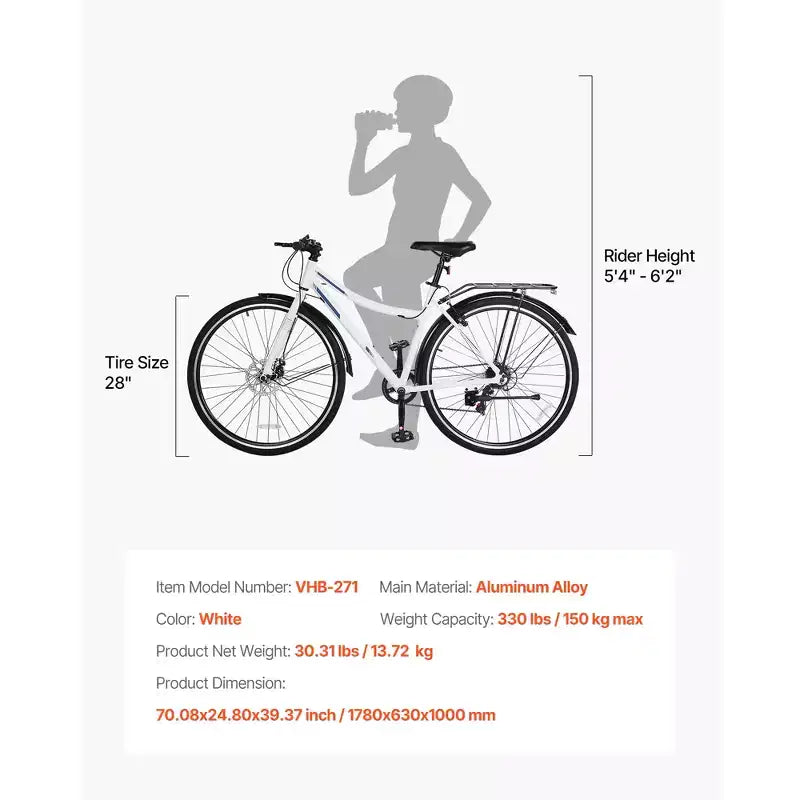 Bici Ibrida VEVOR, Bici con Telaio Leggero in Alluminio, Bici Ibrida da Uomo e da Donna con Ruote da 700c, Bici da Pendolare Urbane per Adulti con Telaio a Scavalco, Bianca