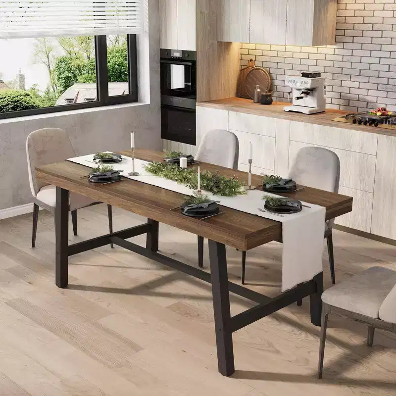 Industrial Dining Table for 4-6 People, 63 Long Wooden Kitchen Table with Sturdy Metal Frame & Rustic Brown Finish - Seats 4 Rectangular Counter
