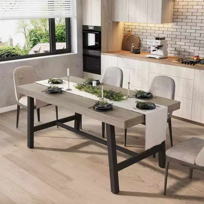 Industrial Dining Table for 4-6 People, 63 Long Wooden Kitchen Table with Sturdy Metal Frame & Rustic Brown Finish - Seats 4 Rectangular Counter