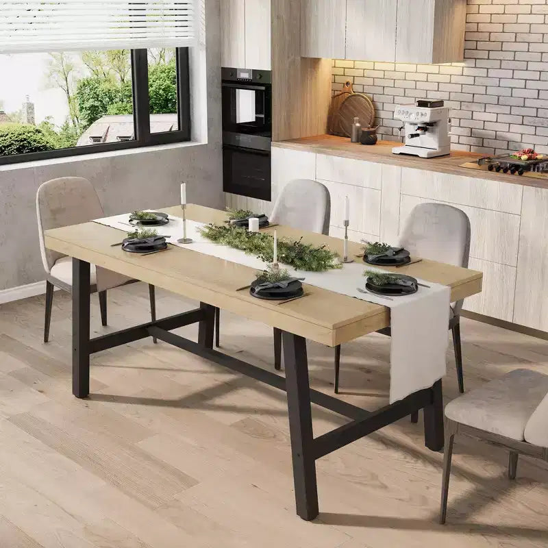 Industrial Dining Table for 4-6 People, 63 Long Wooden Kitchen Table with Sturdy Metal Frame & Rustic Brown Finish - Seats 4 Rectangular Counter