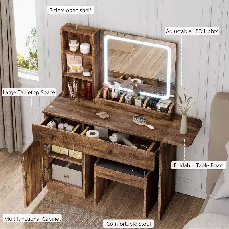 Makeup Vanity Desk with Mirror and Lights, Vanity Table Set with Drawer & Power Outlet  Storage Chair & 3 Shelves, Bedroom