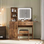 Makeup Vanity Desk with Mirror and Lights, Vanity Table Set with Drawer & Power Outlet  Storage Chair & 3 Shelves, Bedroom