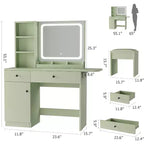 Makeup Vanity Desk with Mirror and Lights, Vanity Table Set with Drawer & Power Outlet  Storage Chair & 3 Shelves, Bedroom