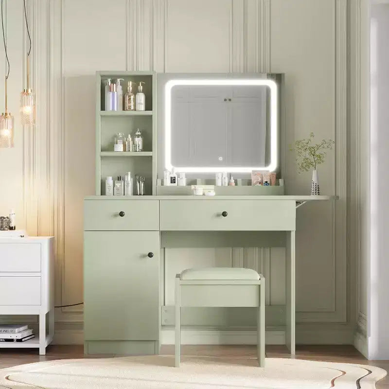 Makeup Vanity Desk with Mirror and Lights, Vanity Table Set with Drawer & Power Outlet  Storage Chair & 3 Shelves, Bedroom