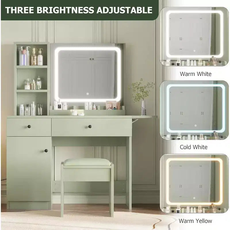 Makeup Vanity Desk with Mirror and Lights, Vanity Table Set with Drawer & Power Outlet  Storage Chair & 3 Shelves, Bedroom