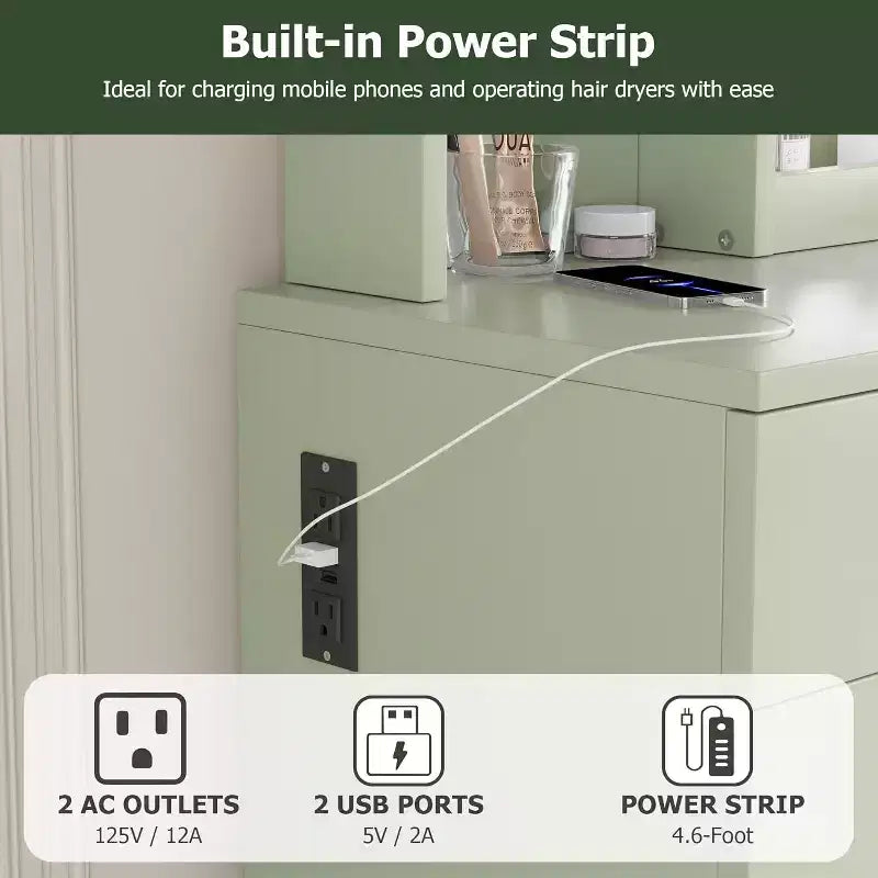 Makeup Vanity Desk with Mirror and Lights, Vanity Table Set with Drawer & Power Outlet  Storage Chair & 3 Shelves, Bedroom