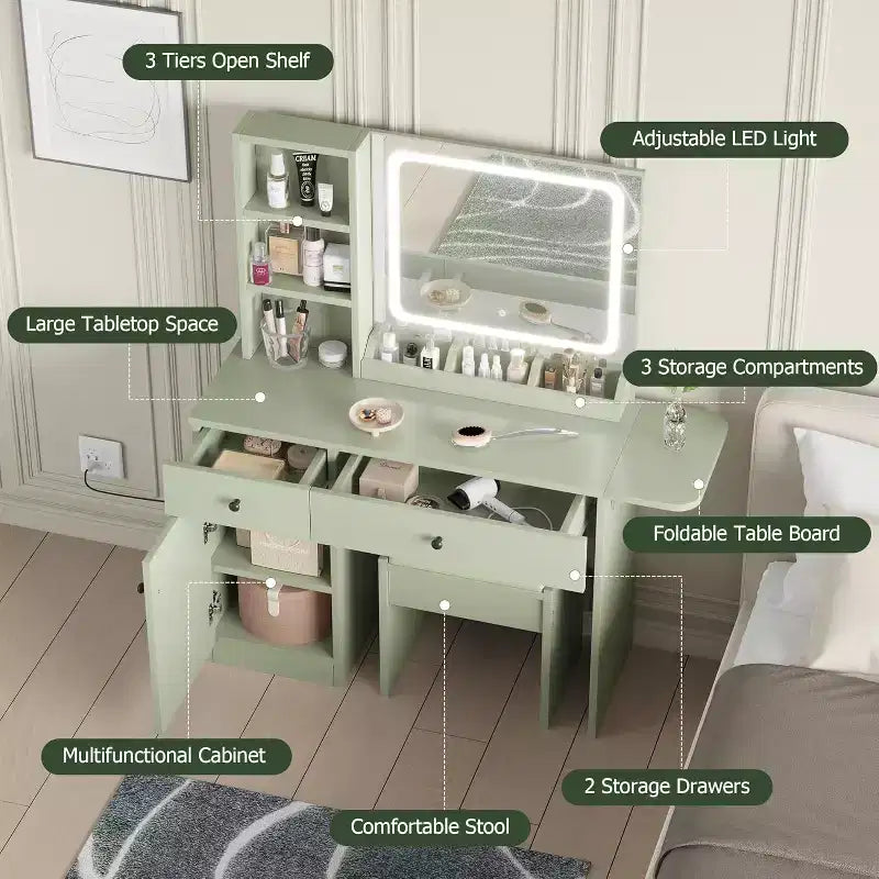 Makeup Vanity Desk with Mirror and Lights, Vanity Table Set with Drawer & Power Outlet  Storage Chair & 3 Shelves, Bedroom