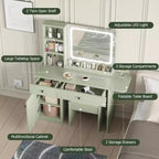 Makeup Vanity Desk with Mirror and Lights, Vanity Table Set with Drawer & Power Outlet  Storage Chair & 3 Shelves, Bedroom
