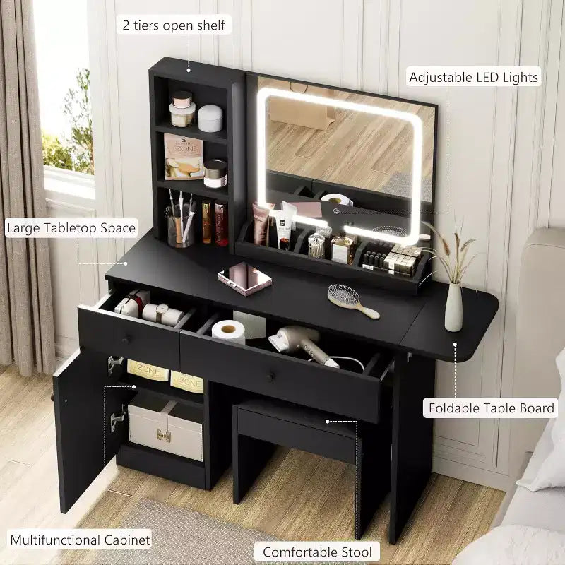 Makeup Vanity Desk with Mirror and Lights, Vanity Table Set with Drawer & Power Outlet  Storage Chair & 3 Shelves, Bedroom