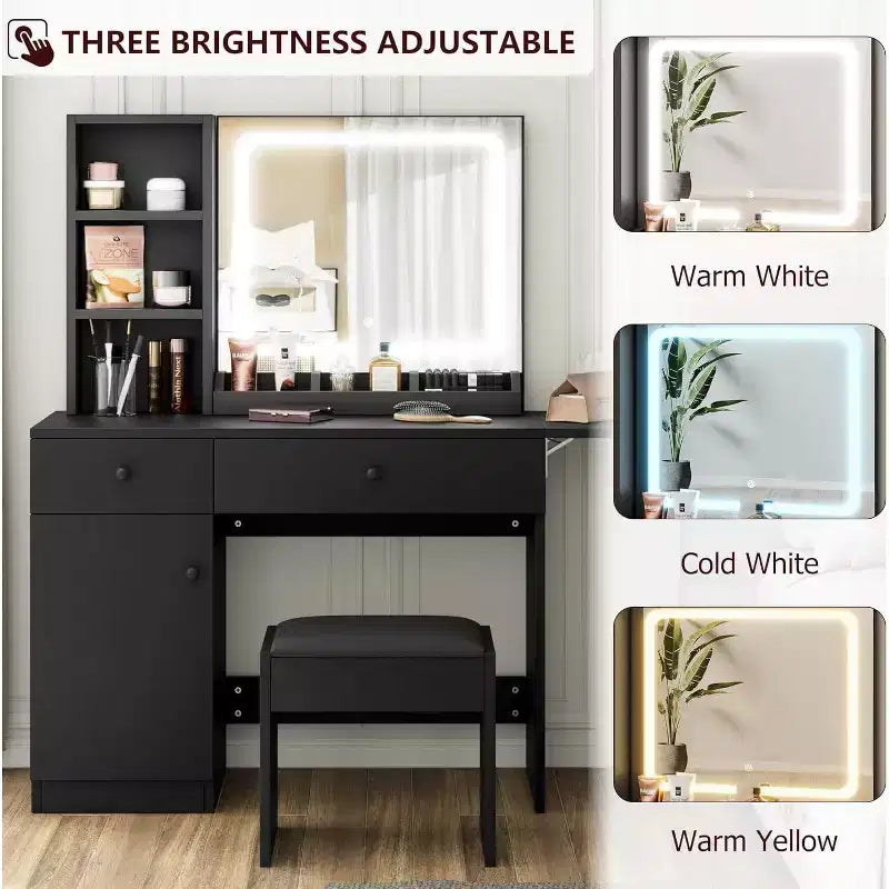 Makeup Vanity Desk with Mirror and Lights, Vanity Table Set with Drawer & Power Outlet  Storage Chair & 3 Shelves, Bedroom