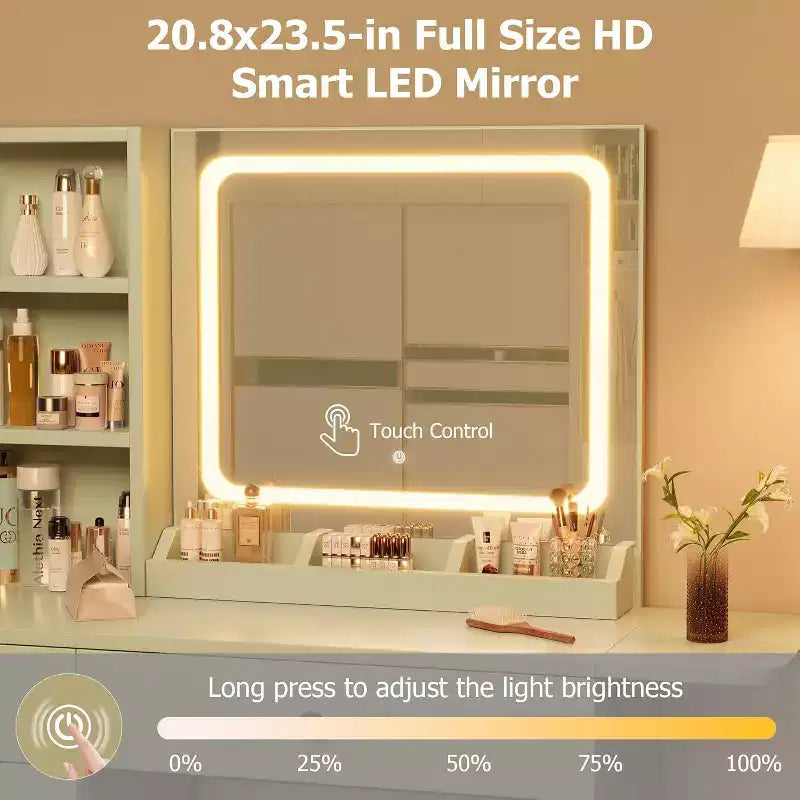 Makeup Vanity Desk with Mirror and Lights, Vanity Table Set with Drawer & Power Outlet  Storage Chair & 3 Shelves, Bedroom