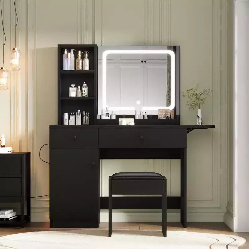 Makeup Vanity Desk with Mirror and Lights, Vanity Table Set with Drawer & Power Outlet  Storage Chair & 3 Shelves, Bedroom
