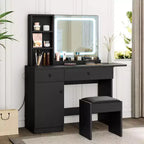 Makeup Vanity Desk with Mirror and Lights, Vanity Table Set with Drawer & Power Outlet  Storage Chair & 3 Shelves, Bedroom