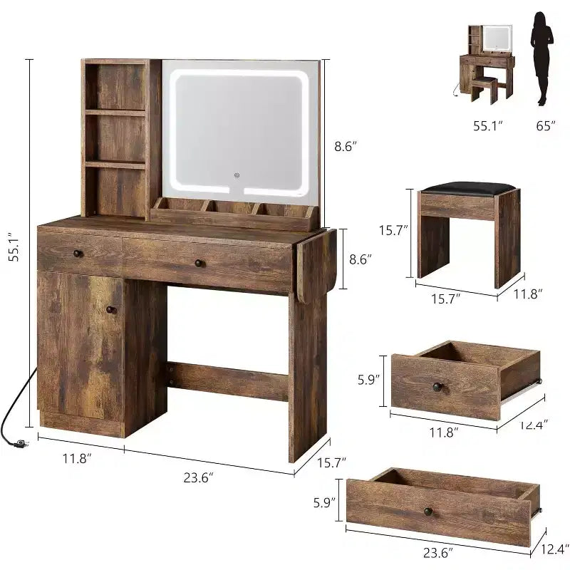 Makeup Vanity Desk with Mirror and Lights, Vanity Table Set with Drawer & Power Outlet  Storage Chair & 3 Shelves, Bedroom
