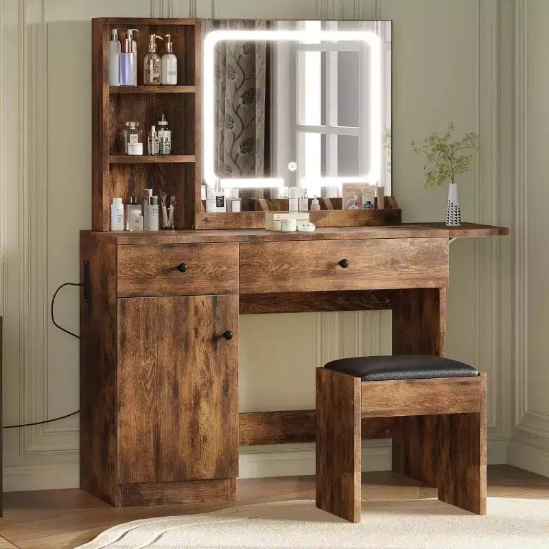 Makeup Vanity Desk with Mirror and Lights, Vanity Table Set with Drawer & Power Outlet  Storage Chair & 3 Shelves, Bedroom