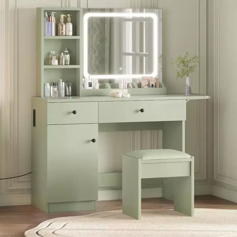 Makeup Vanity Desk with Mirror and Lights, Vanity Table Set with Drawer & Power Outlet  Storage Chair & 3 Shelves, Bedroom