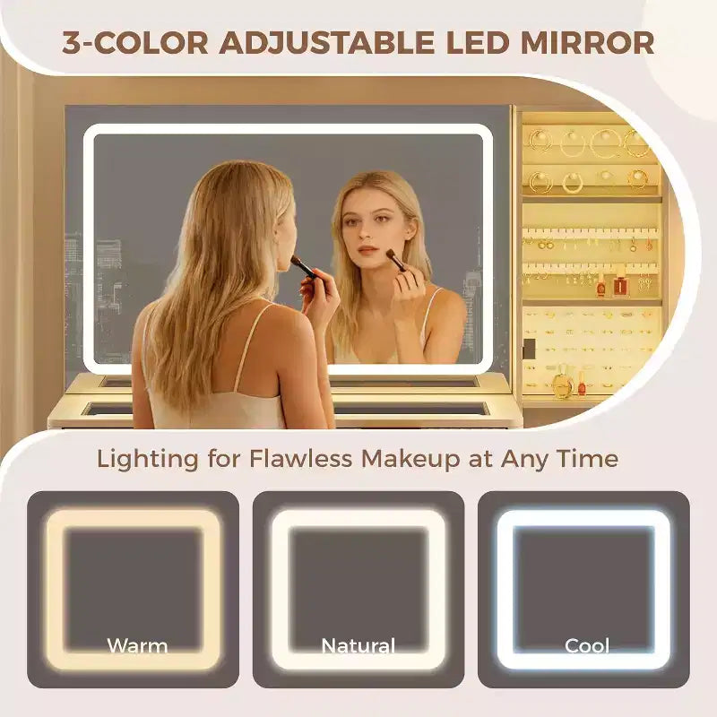 Mobile trucco da 48 pollici con specchio LED e stazione di ricarica - Tavolo da toeletta con ripiano in vetro e sgabello portaoggetti per la camera da letto