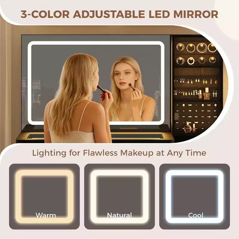 Mobile trucco da 48 pollici con specchio LED e stazione di ricarica - Tavolo da toeletta con ripiano in vetro e sgabello portaoggetti per la camera da letto
