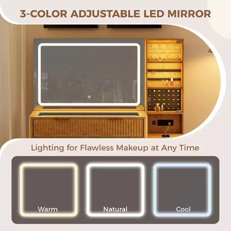 Mobile trucco da 48 pollici con specchio LED e stazione di ricarica - Tavolo da toeletta con ripiano in vetro e sgabello portaoggetti per la camera da letto