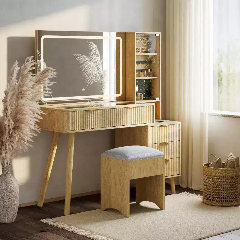 48 Makeup Vanity with LED Mirror & Charging Station - Glass Top Dressing Table with Storage Stool for Bedroom