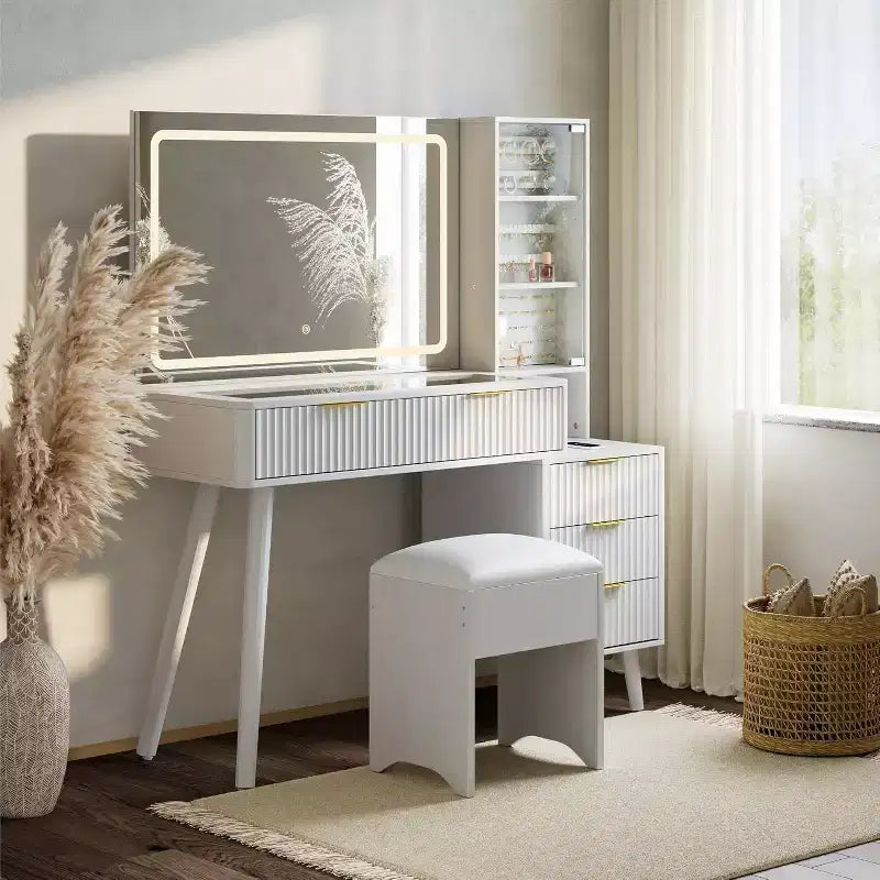 48 Makeup Vanity with LED Mirror & Charging Station - Glass Top Dressing Table with Storage Stool for Bedroom