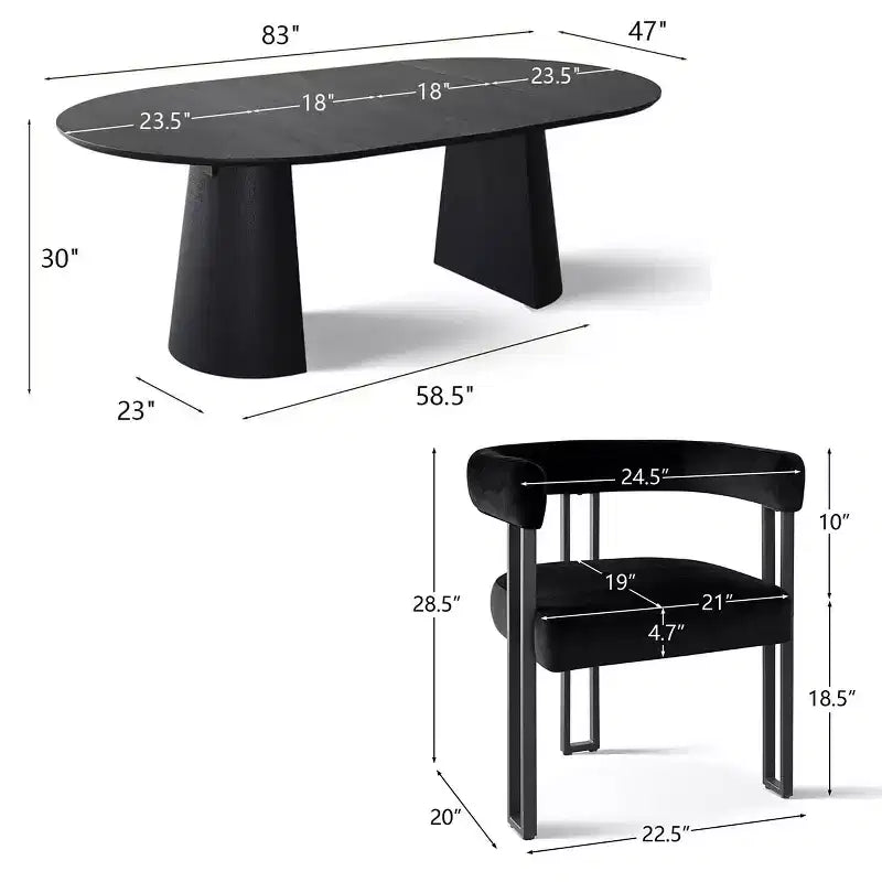 Set tavolo da pranzo allungabile 47-83 per 8 persone, tavolo nero e 8 poltrone in velluto con eleganti gambe in metallo, ideale per riunioni-Panipeachy