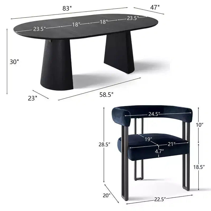 Set tavolo da pranzo allungabile 47-83 per 8 persone, tavolo nero e 8 poltrone in velluto con eleganti gambe in metallo, ideale per riunioni-Panipeachy