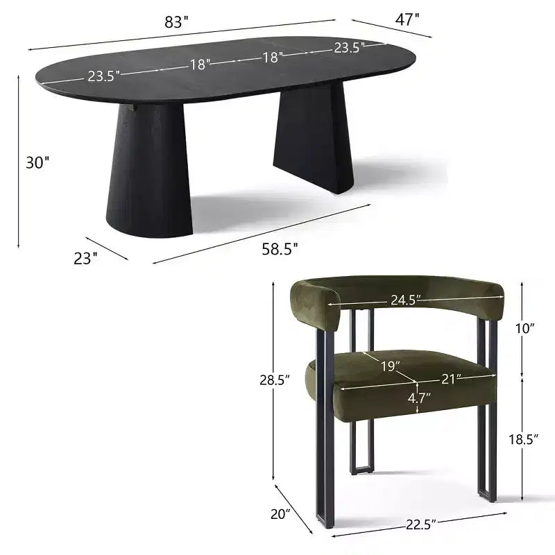 Set tavolo da pranzo allungabile 47-83 per 8 persone, tavolo nero e 8 poltrone in velluto con eleganti gambe in metallo, ideale per riunioni-Panipeachy