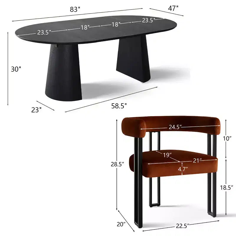 Set tavolo da pranzo allungabile 47-83 per 8 persone, tavolo nero e 8 poltrone in velluto con eleganti gambe in metallo, ideale per riunioni-Panipeachy